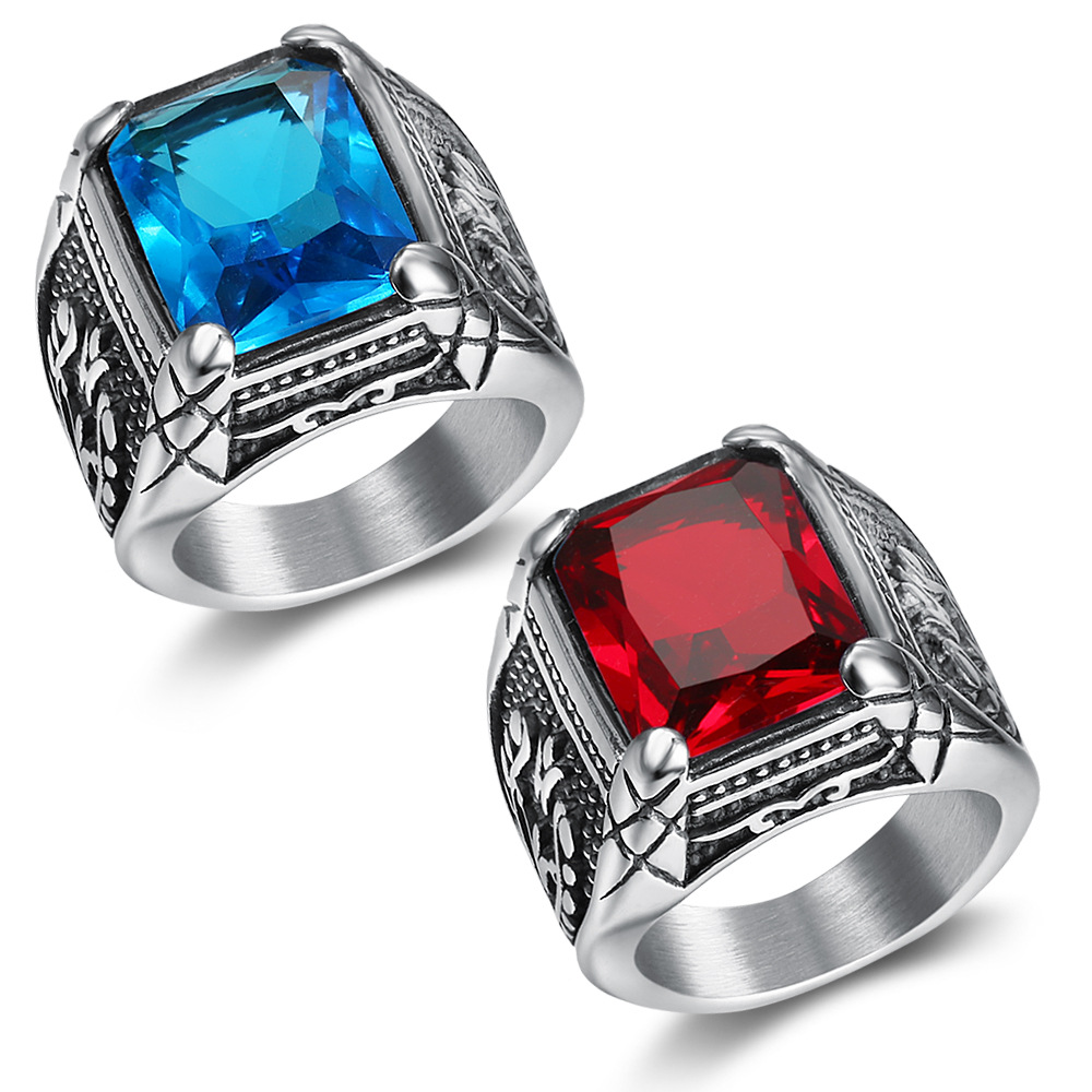 Signet Ring Men - Silver color Men red blue Semi-Precious